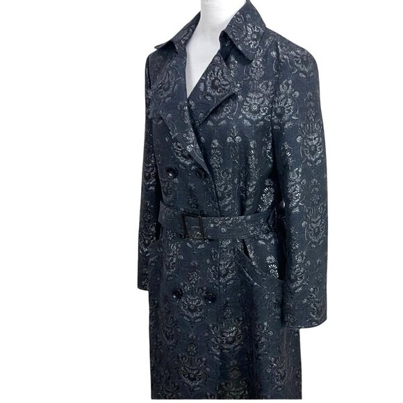 NWT W By Worth Small Navy & Silver Brocade Belted Long Trench Coat Jacket - Picture 7 of 10